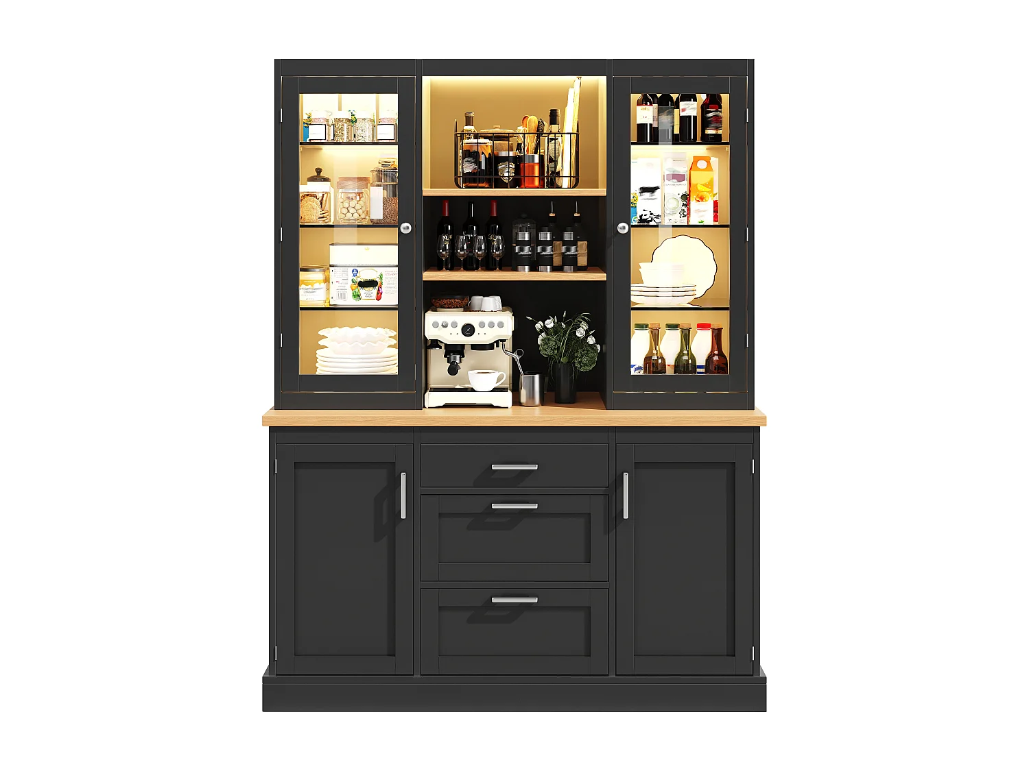 Keukenkast 140x185cm met LED, opbergkast met werkblad, 3 lades en glazen deuren - zwart