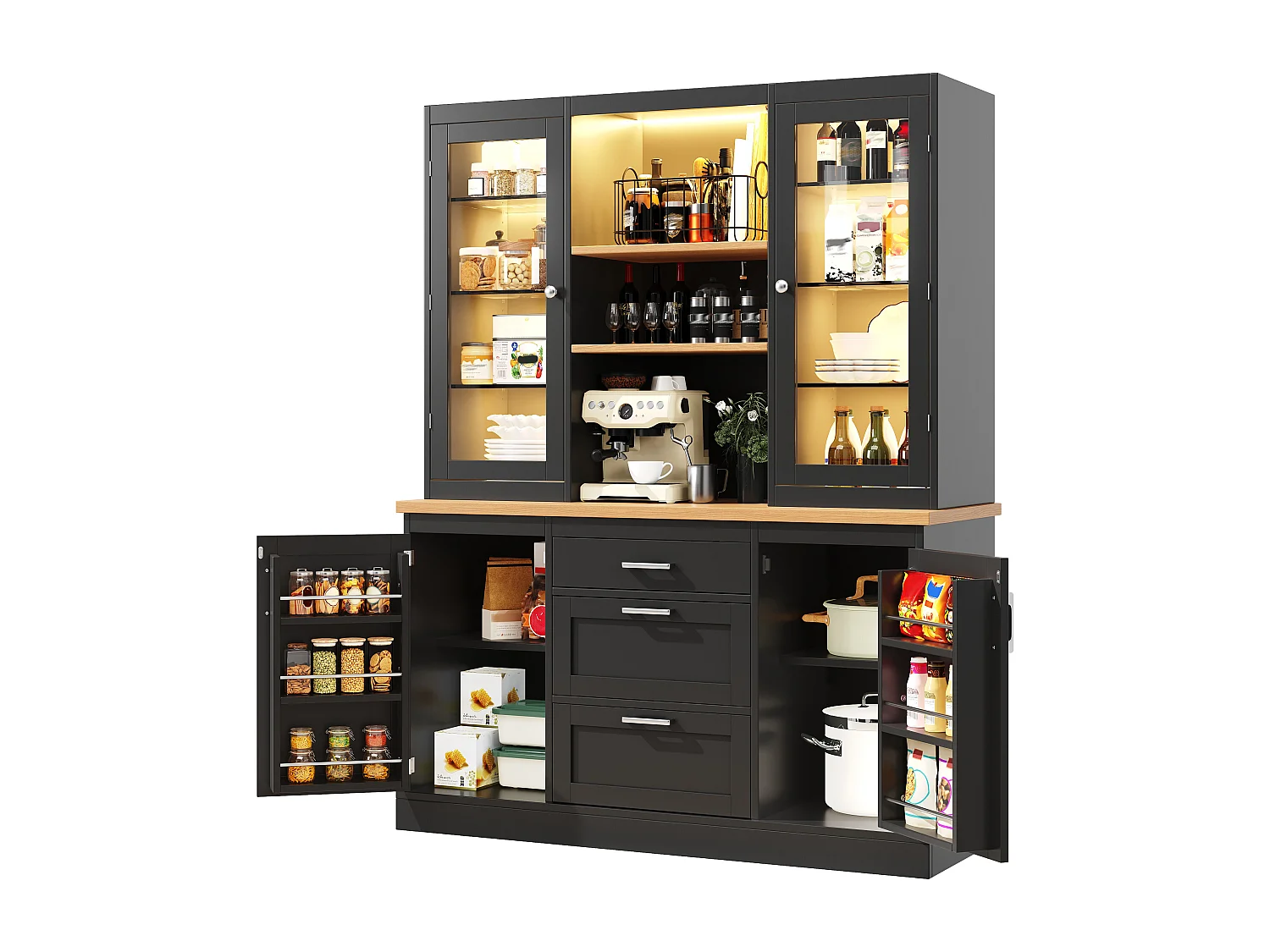 Keukenkast 140x185cm met LED, opbergkast met werkblad, 3 lades en glazen deuren - zwart