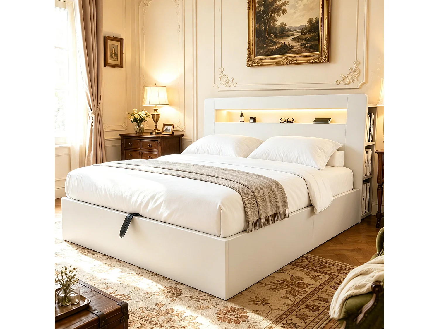 Lit coffre en bois 180x200cm - avec tête de lit LED - avec prise intégrée - avec compartiments de rangement - blanc (matelas non inclus)