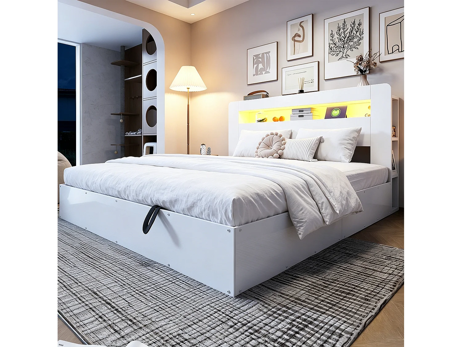 Lit coffre en bois 180x200cm - avec tête de lit LED - avec prise intégrée - avec compartiments de rangement - blanc (matelas non inclus)