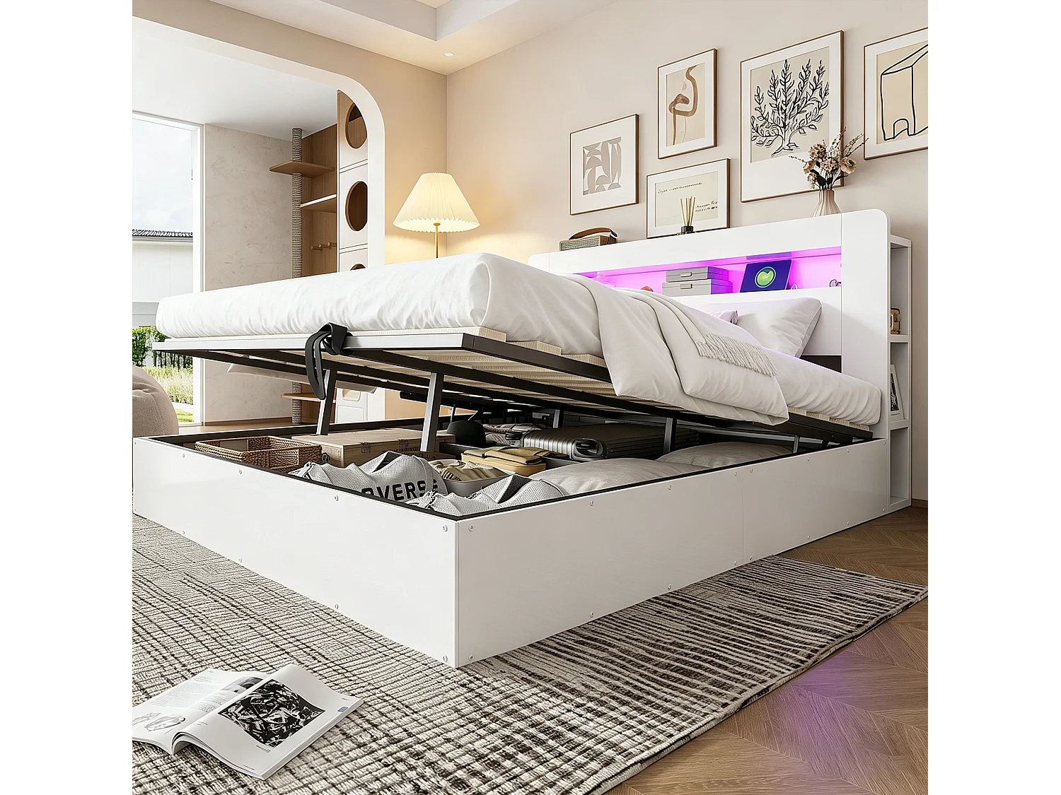 Lit coffre en bois 180x200cm - avec tête de lit LED - avec prise intégrée - avec compartiments de rangement - blanc (matelas non inclus)