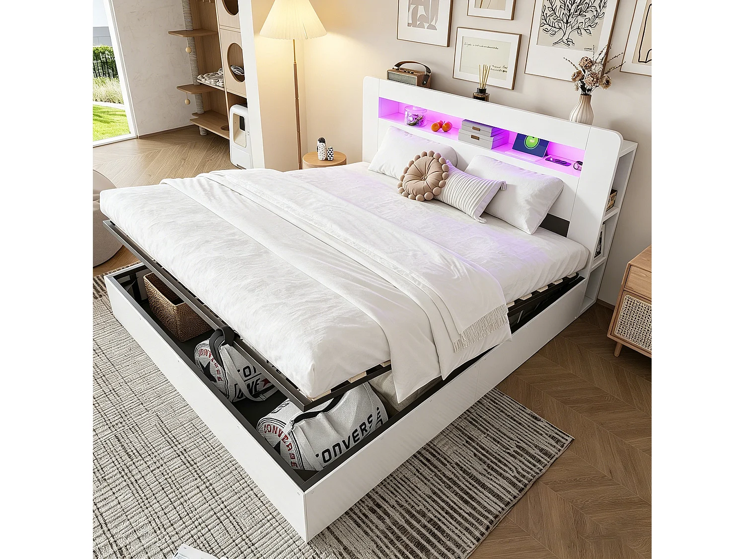 Lit coffre en bois 180x200cm - avec tête de lit LED - avec prise intégrée - avec compartiments de rangement - blanc (matelas non inclus)