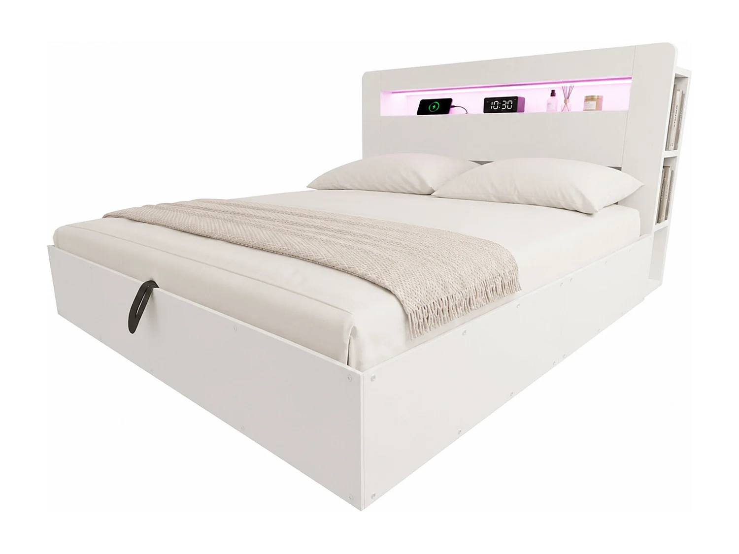 Lit coffre en bois 180x200cm - avec tête de lit LED - avec prise intégrée - avec compartiments de rangement - blanc (matelas non inclus)