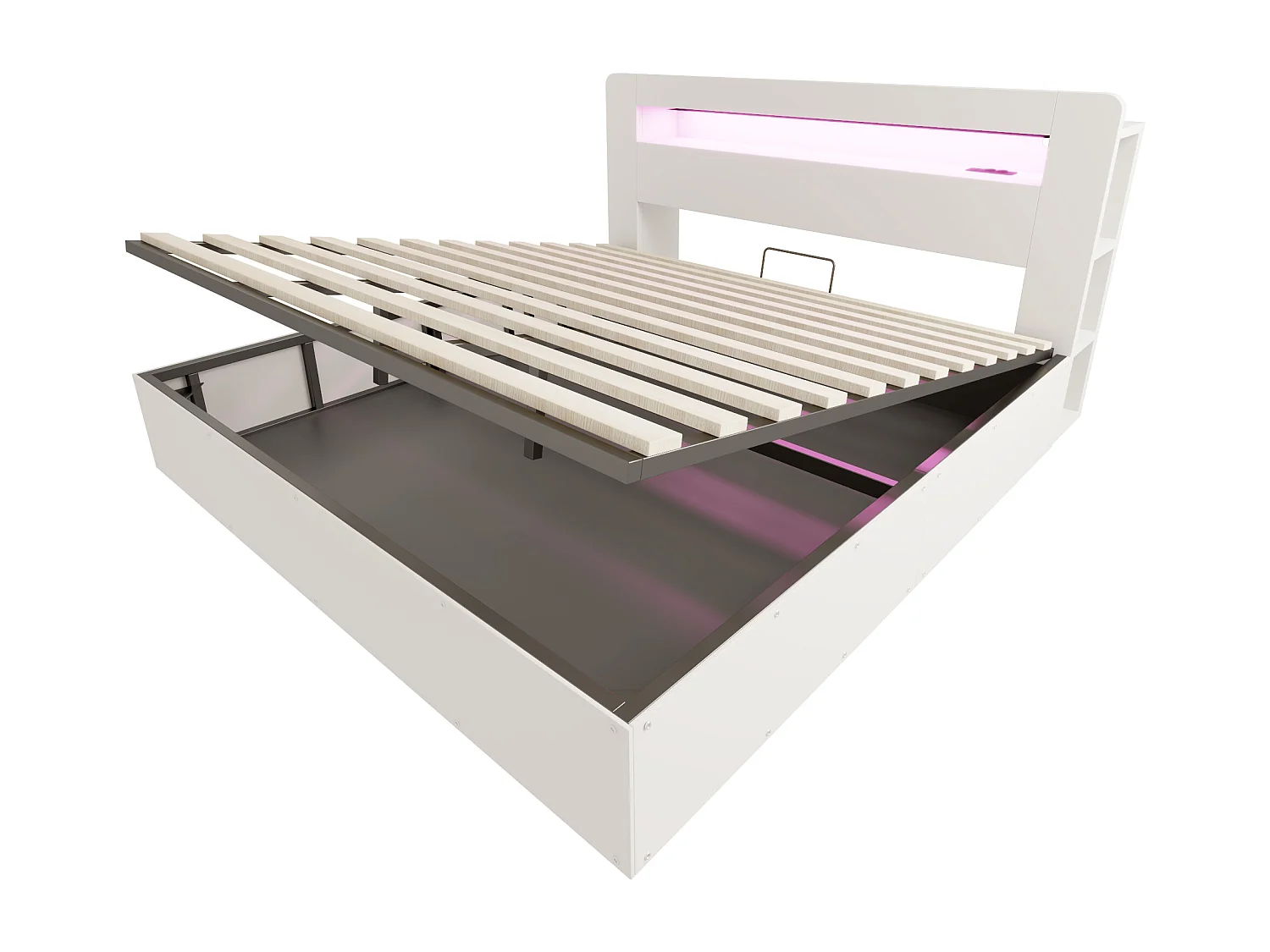 Lit coffre en bois 180x200cm - avec tête de lit LED - avec prise intégrée - avec compartiments de rangement - blanc (matelas non inclus)