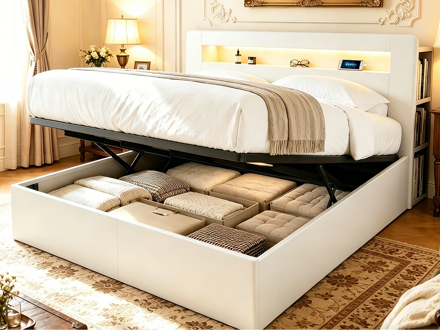 Lit coffre en bois 180x200cm - avec tête de lit LED - avec prise intégrée - avec compartiments de rangement - blanc (matelas non inclus)