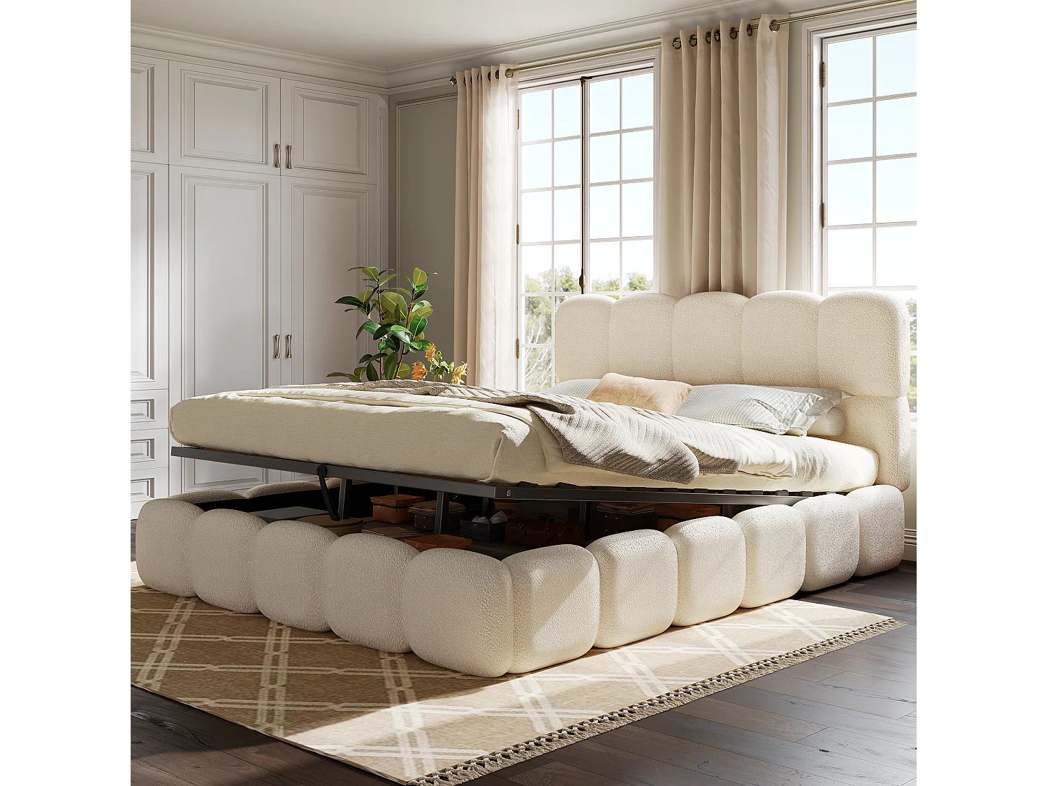 Lit double coffre capitonné 180x200 cm - avec sommier à lattes - tissu bouclé - blanc (matelas non inclus)