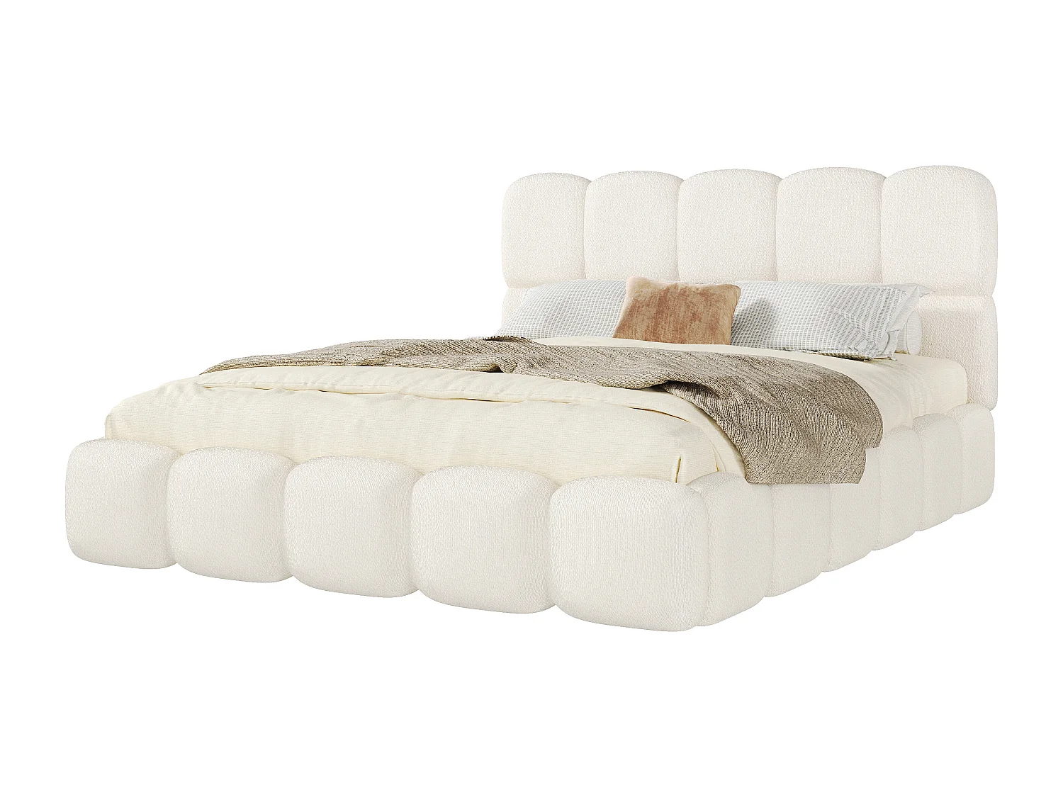 Lit double coffre capitonné 180x200 cm - avec sommier à lattes - tissu bouclé - blanc (matelas non inclus)