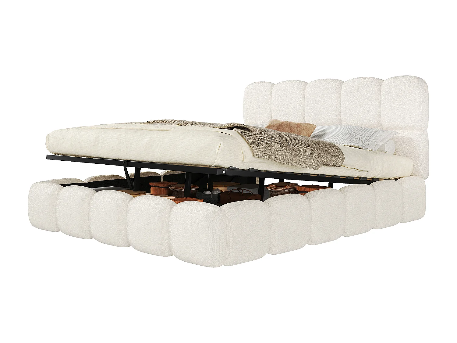 Lit double coffre capitonné 180x200 cm - avec sommier à lattes - tissu bouclé - blanc (matelas non inclus)