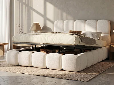 Cama de casal estofada com arrumação 180x200 cm - com estrado de ripas - tecido bouclé - branco (colchão não incluído)