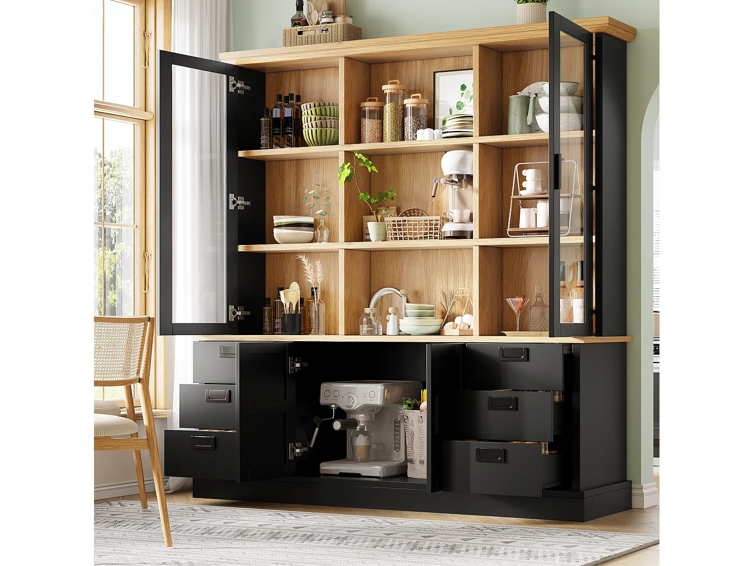 Buffet de Cuisine Grand Format 140x185cm, Armoire de Rangement avec 6 Grands Tiroirs et Portes en Verre, Noir