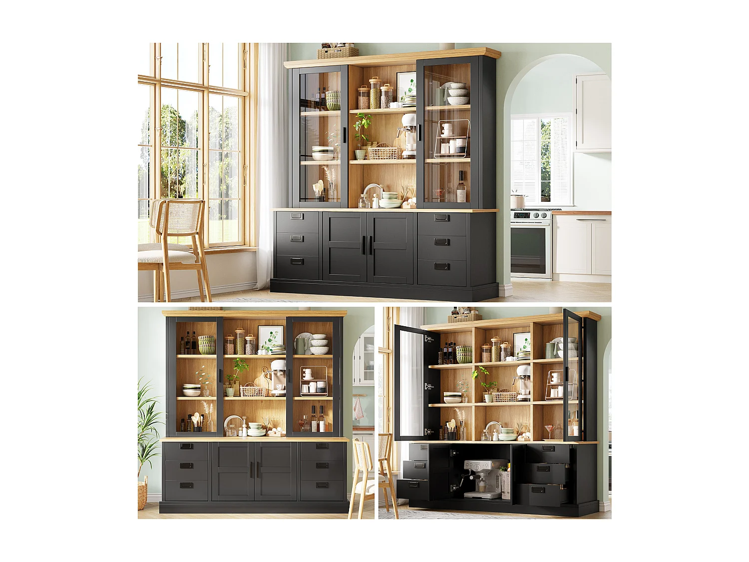 Buffet de Cuisine Grand Format 140x185cm, Armoire de Rangement avec 6 Grands Tiroirs et Portes en Verre, Noir