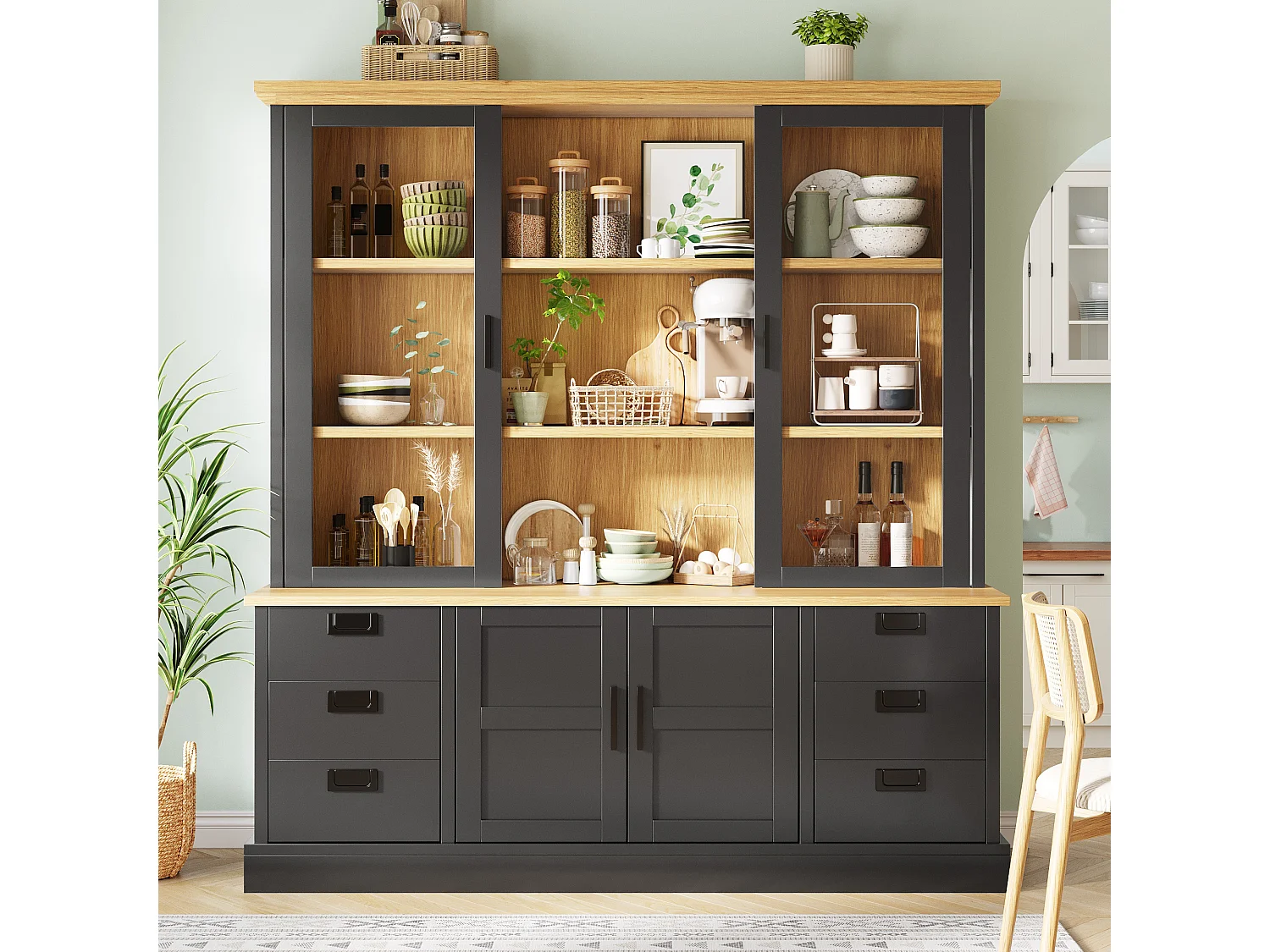 Buffet de Cuisine Grand Format 140x185cm, Armoire de Rangement avec 6 Grands Tiroirs et Portes en Verre, Noir