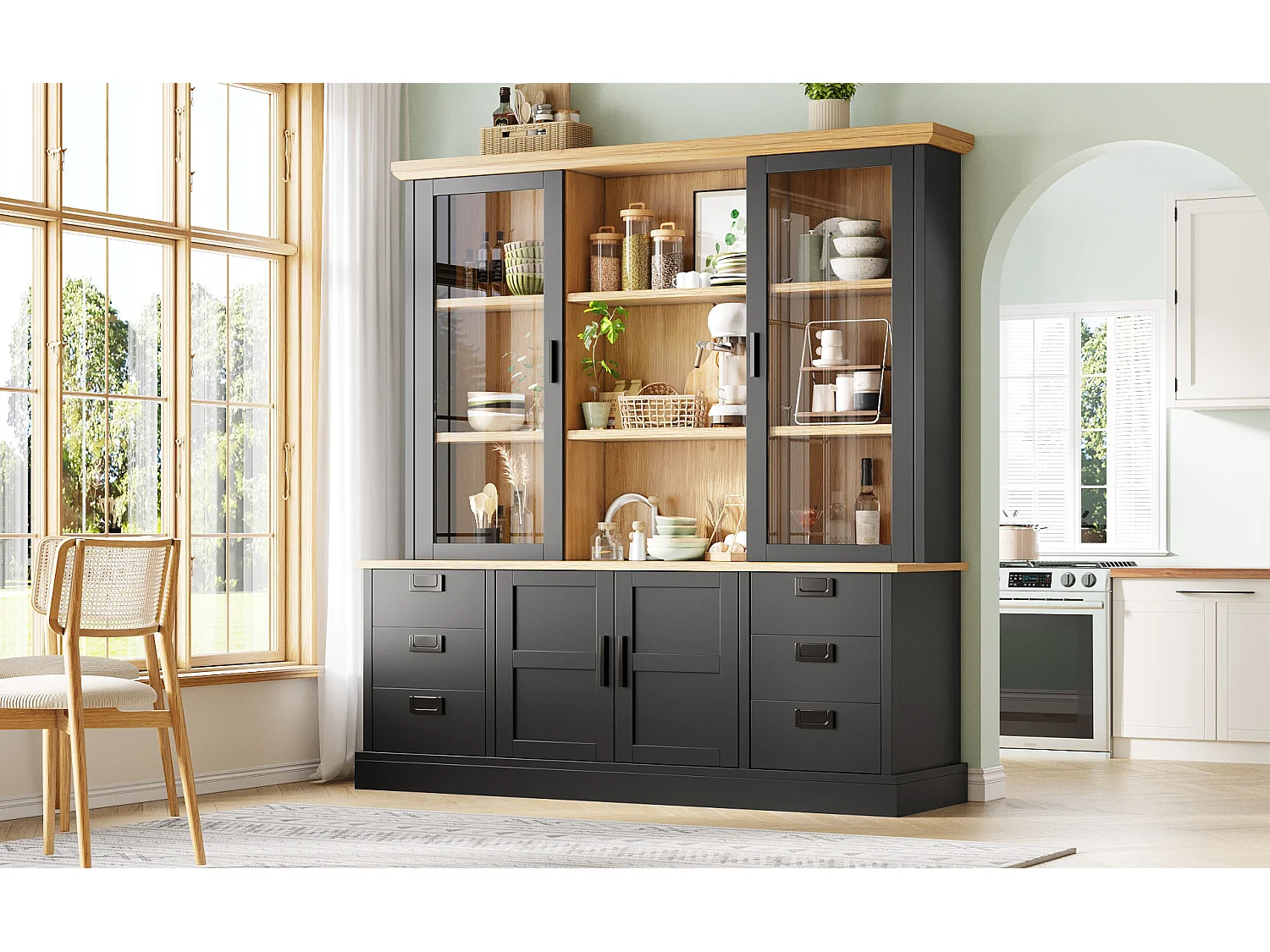 Buffet de Cuisine Grand Format 140x185cm, Armoire de Rangement avec 6 Grands Tiroirs et Portes en Verre, Noir