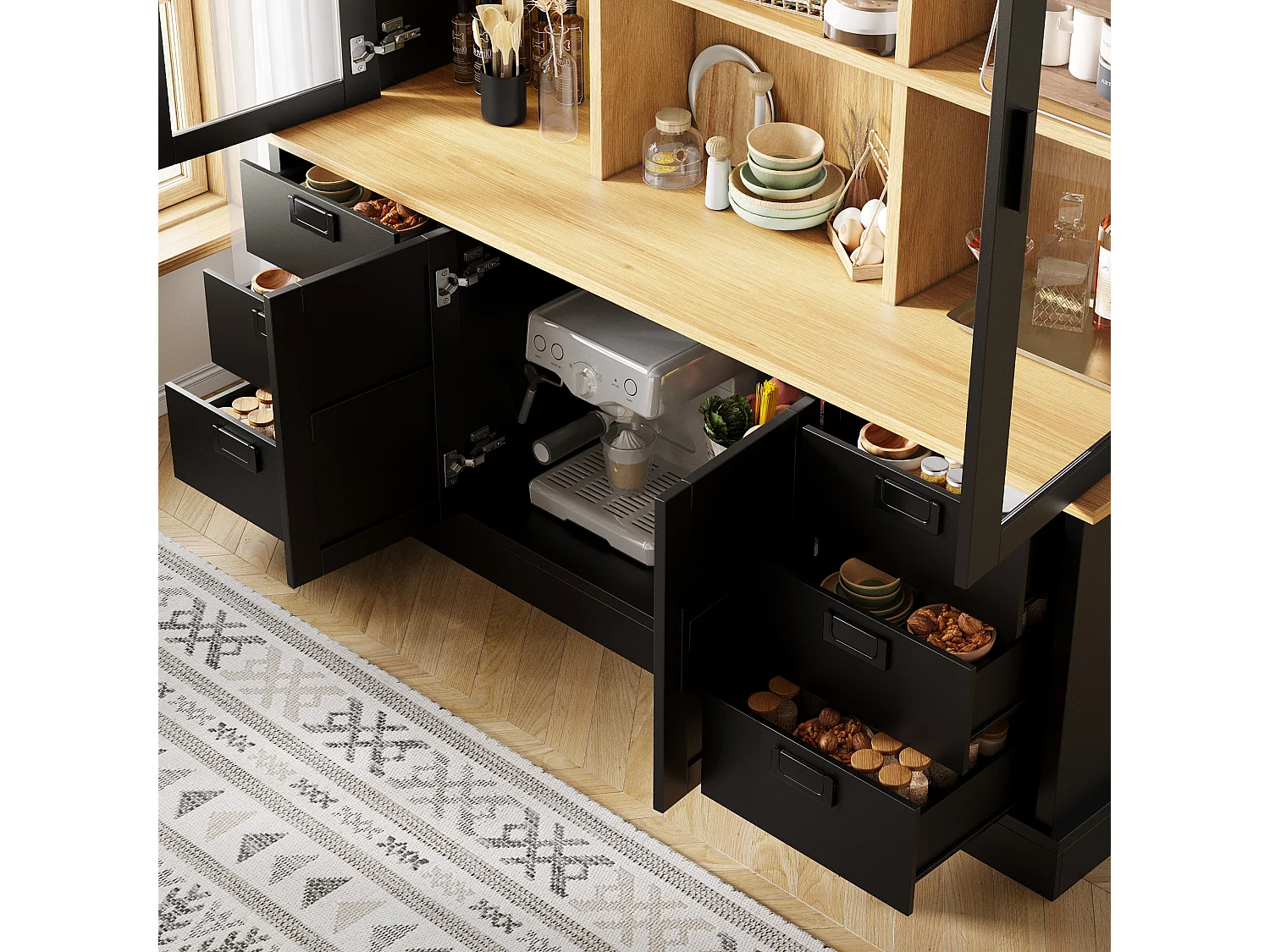 Buffet de Cuisine Grand Format 140x185cm, Armoire de Rangement avec 6 Grands Tiroirs et Portes en Verre, Noir