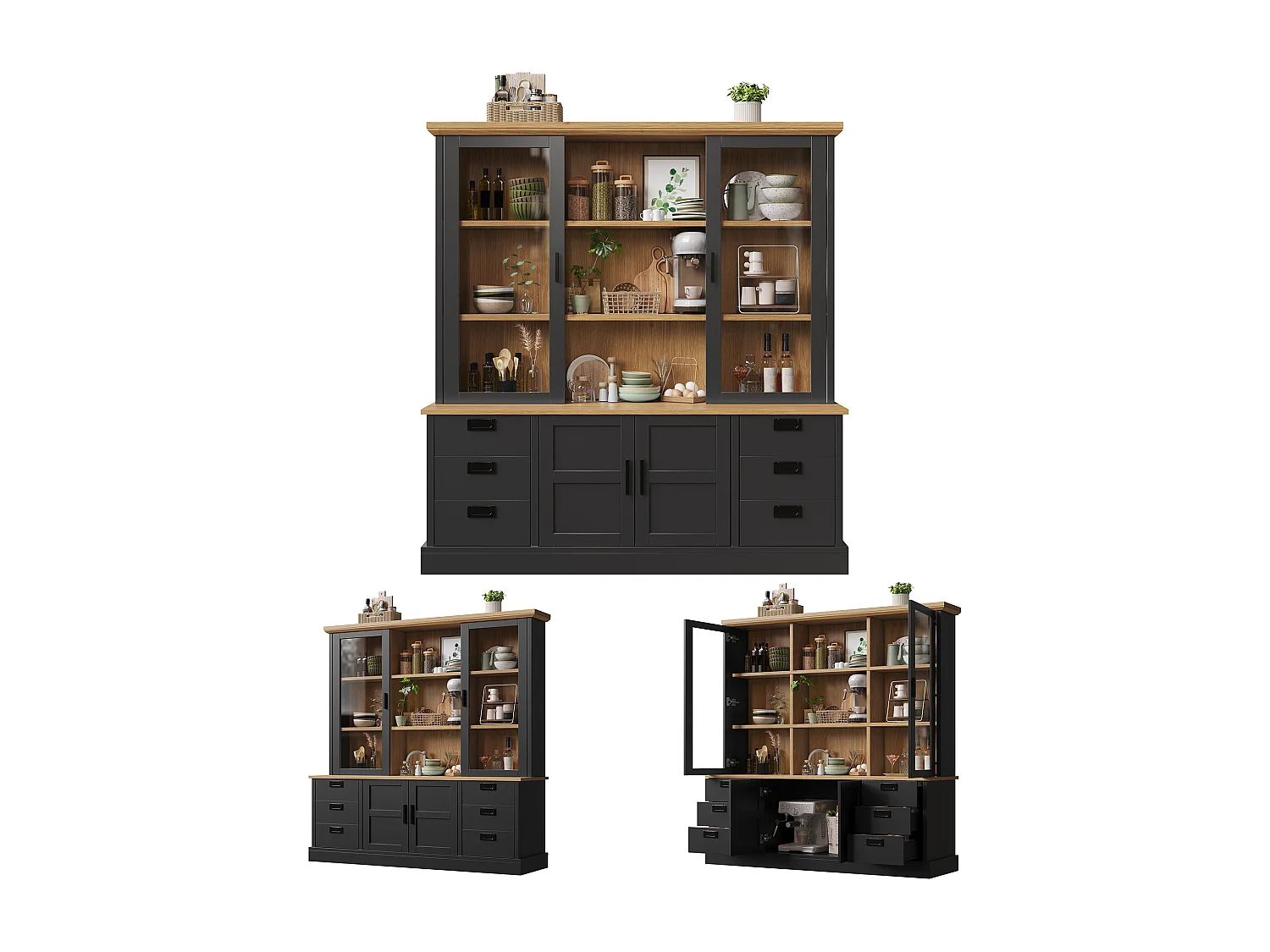Buffet de Cuisine Grand Format 140x185cm, Armoire de Rangement avec 6 Grands Tiroirs et Portes en Verre, Noir