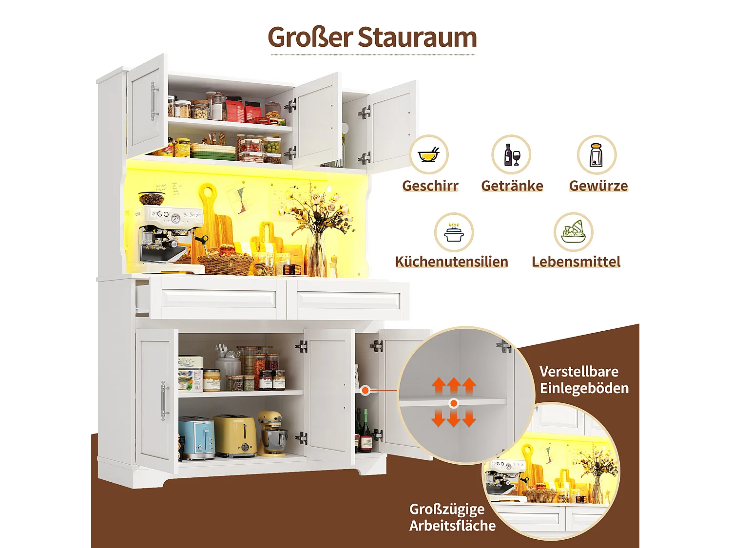 Credenza da cucina 108x180cm con LED, armadio alto contenitore con ripiani regolabili - bianco