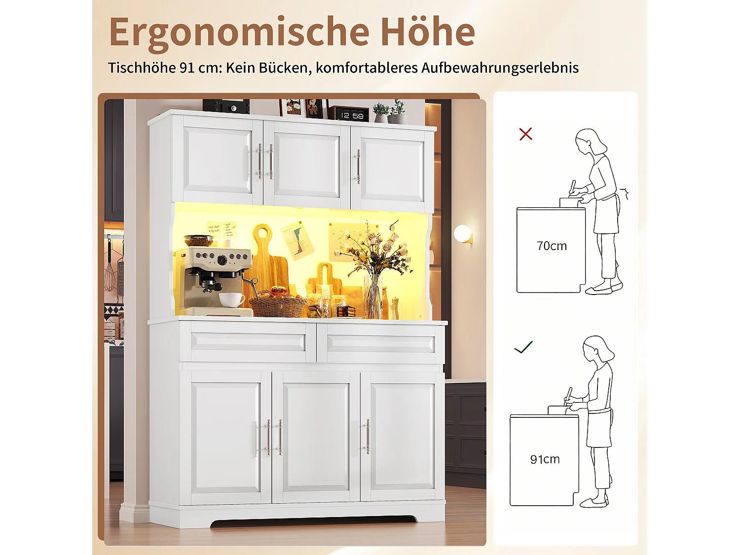Credenza da cucina 108x180cm con LED, armadio alto contenitore con ripiani regolabili - bianco
