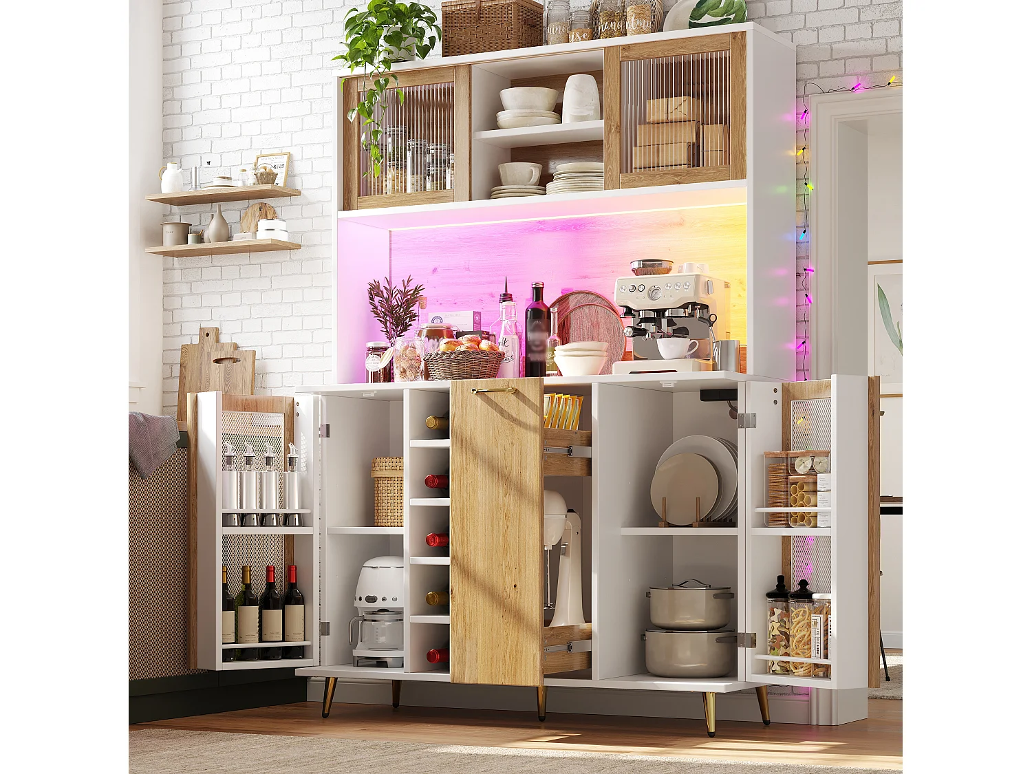 Credenza da cucina 120x170cm con LED, presa integrata, portabottiglie e 5 ante - bianco e legno