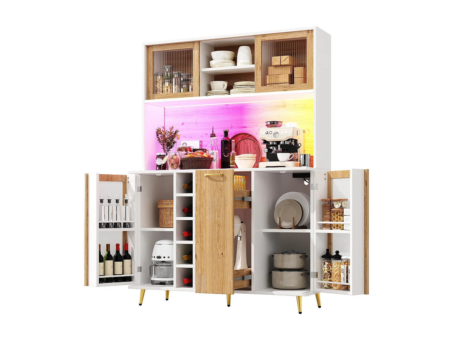 Credenza da cucina 120x170cm con LED, presa integrata, portabottiglie e 5 ante - bianco e legno