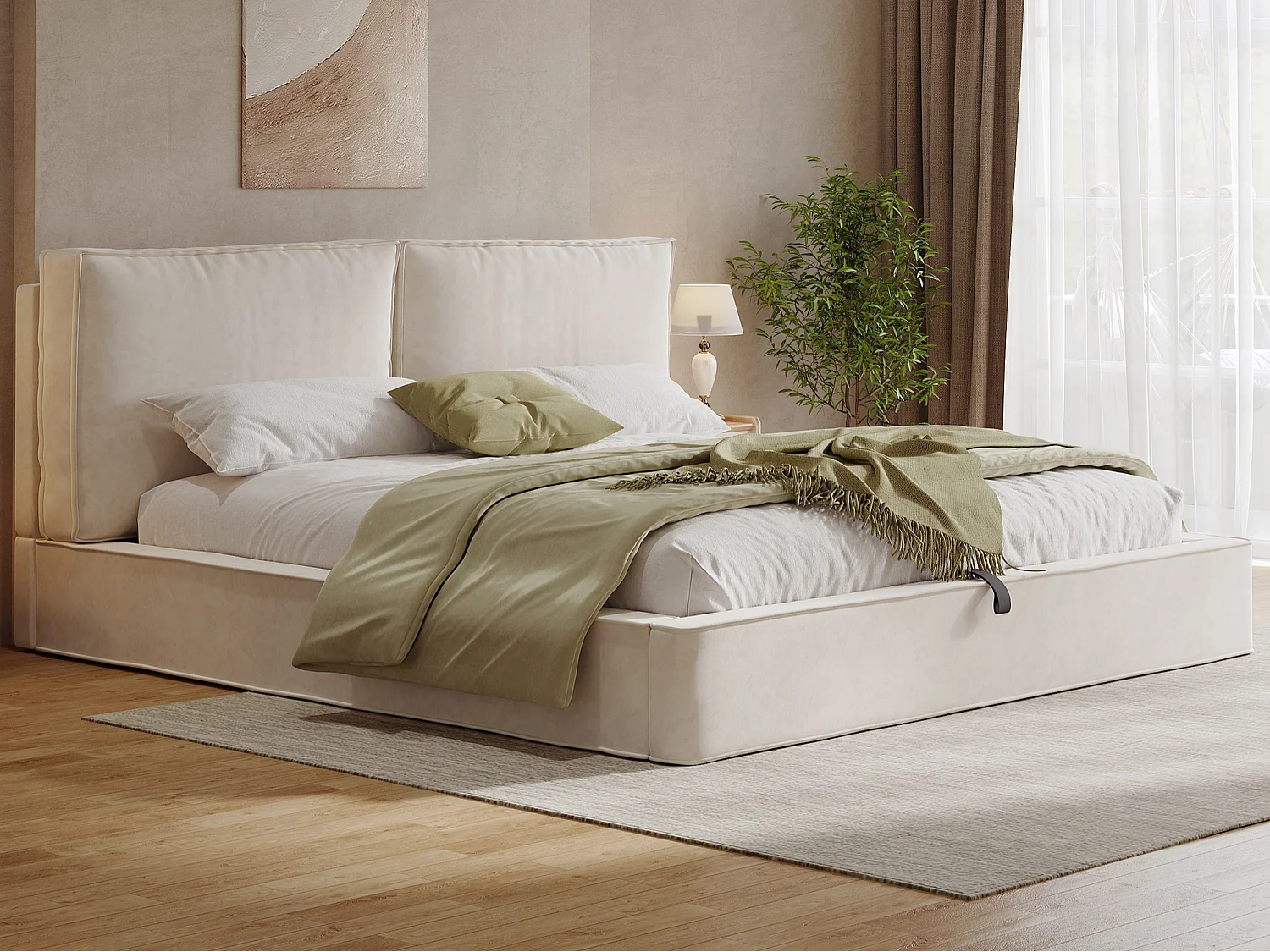 Lit coffre rembourré 160x200 cm - avec espace de rangement - Tissu chenille - Beige (matelas non inclus)
