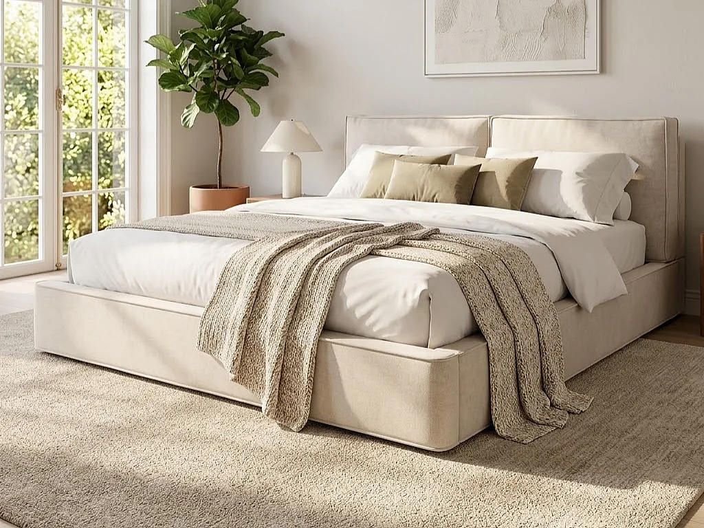 Lit coffre rembourré 160x200 cm - avec espace de rangement - Tissu chenille - Beige (matelas non inclus)