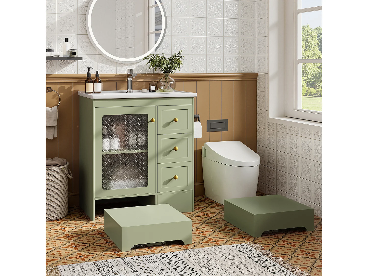 Meuble de Salle de Bain 80cm avec Marchepied 2-en-1, Vasque en Céramique, LED et Tiroirs Soft-Close - Vert