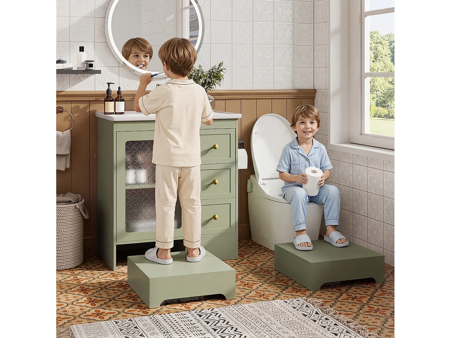 Meuble de Salle de Bain 80cm avec Marchepied 2-en-1, Vasque en Céramique, LED et Tiroirs Soft-Close - Vert