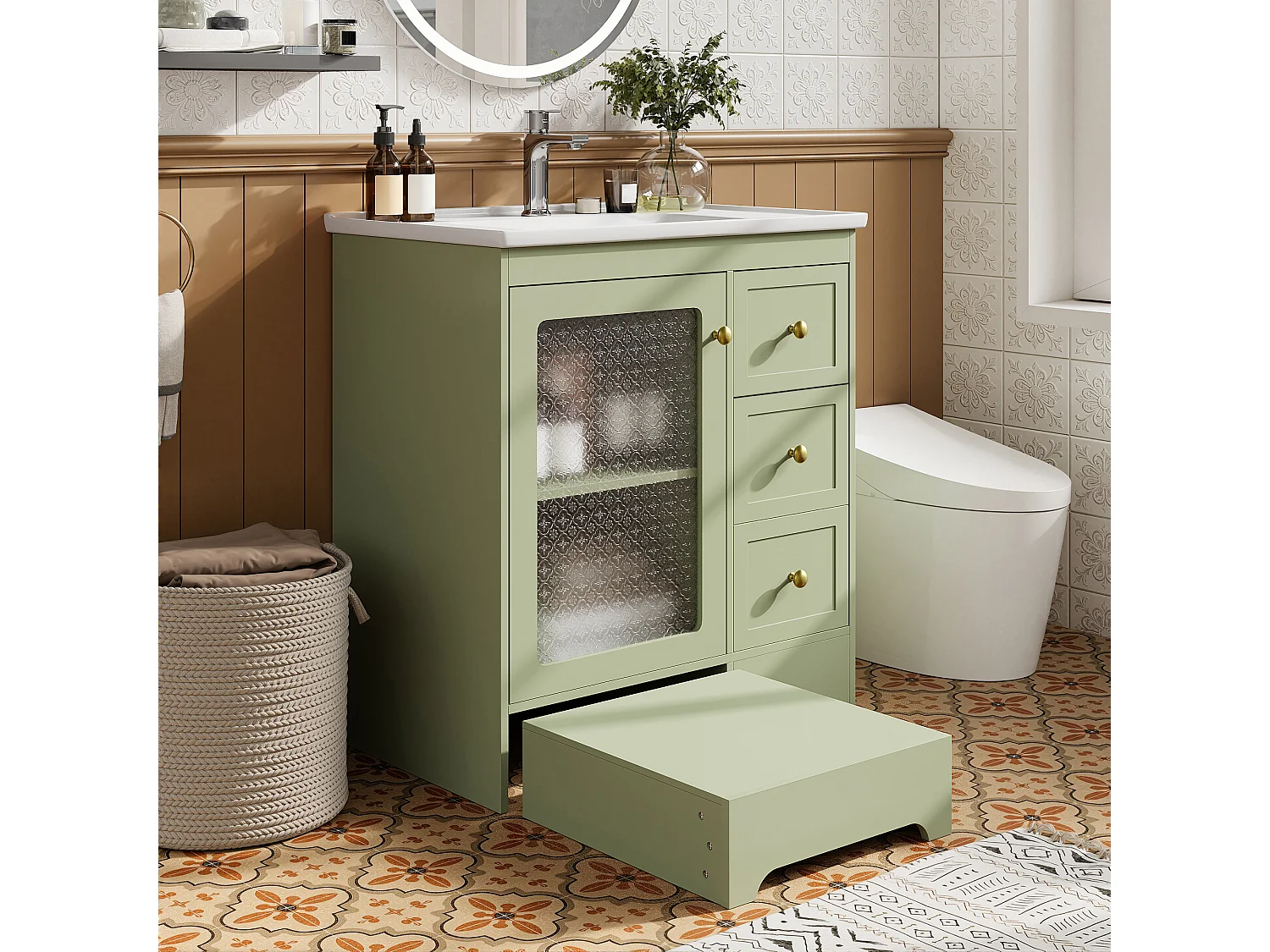 Meuble de Salle de Bain 80cm avec Marchepied 2-en-1, Vasque en Céramique, LED et Tiroirs Soft-Close - Vert