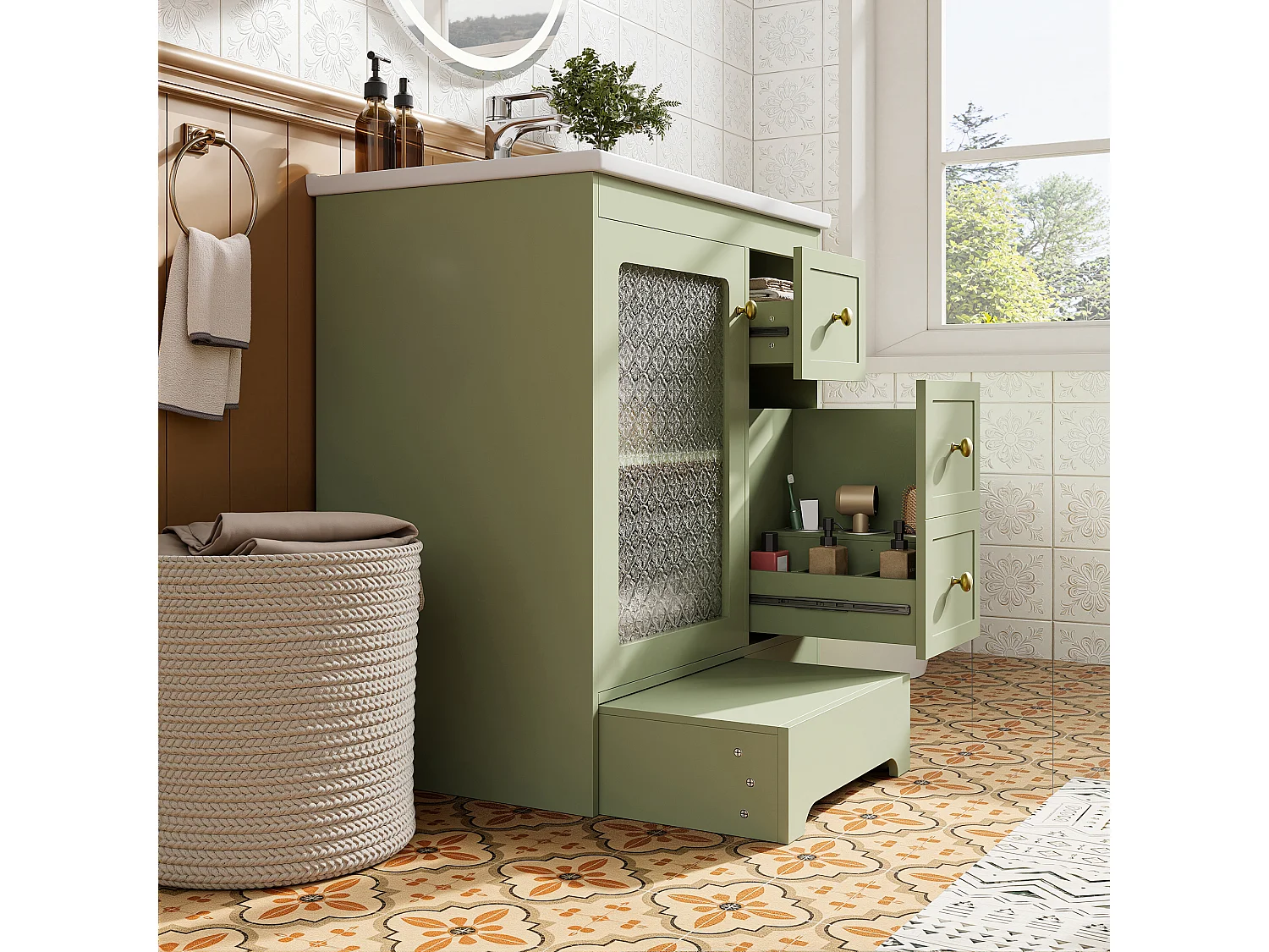 Meuble de Salle de Bain 80cm avec Marchepied 2-en-1, Vasque en Céramique, LED et Tiroirs Soft-Close - Vert