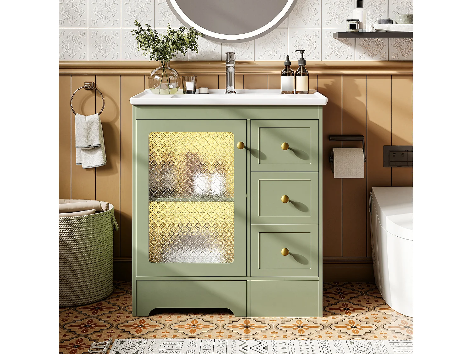 Meuble de Salle de Bain 80cm avec Marchepied 2-en-1, Vasque en Céramique, LED et Tiroirs Soft-Close - Vert