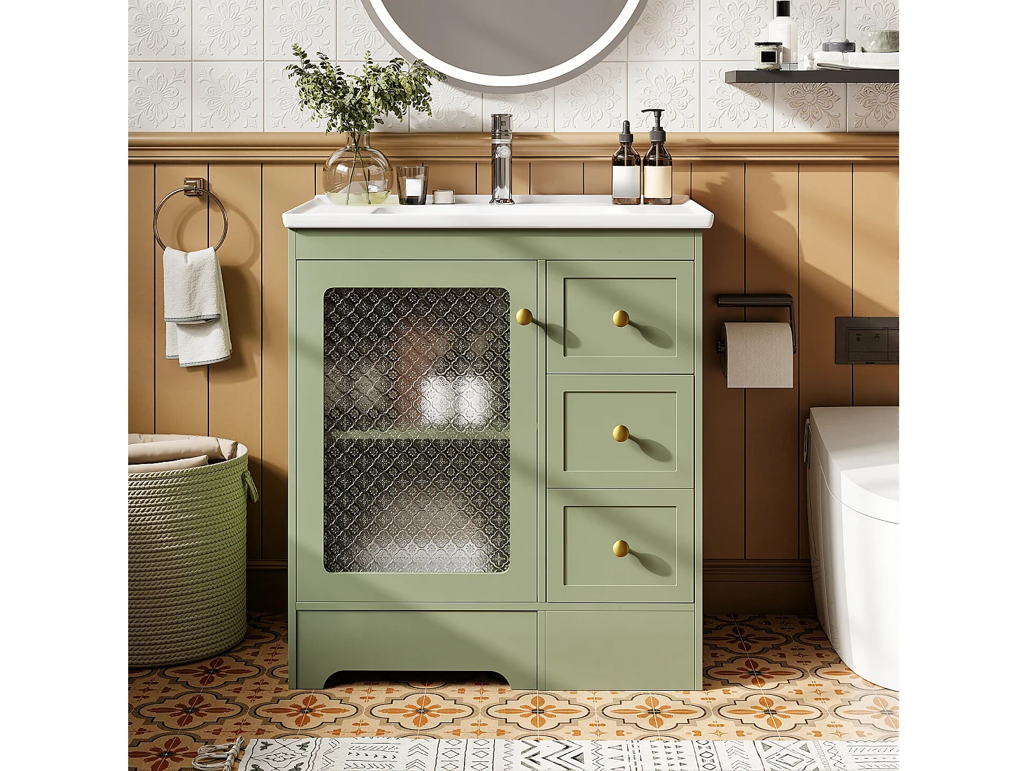Meuble de Salle de Bain 80cm avec Marchepied 2-en-1, Vasque en Céramique, LED et Tiroirs Soft-Close - Vert