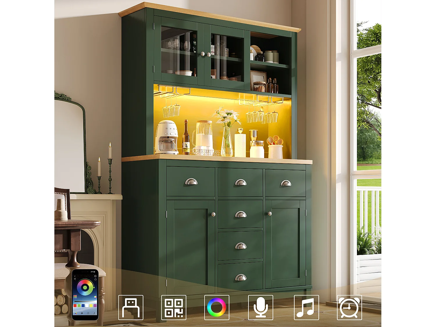 Credenza da cucina 104x180cm con LED, supporto per bevande, 4 ante e vano portaoggetti interno - verde