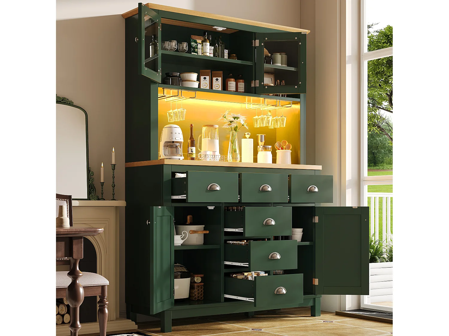 Credenza da cucina 104x180cm con LED, supporto per bevande, 4 ante e vano portaoggetti interno - verde