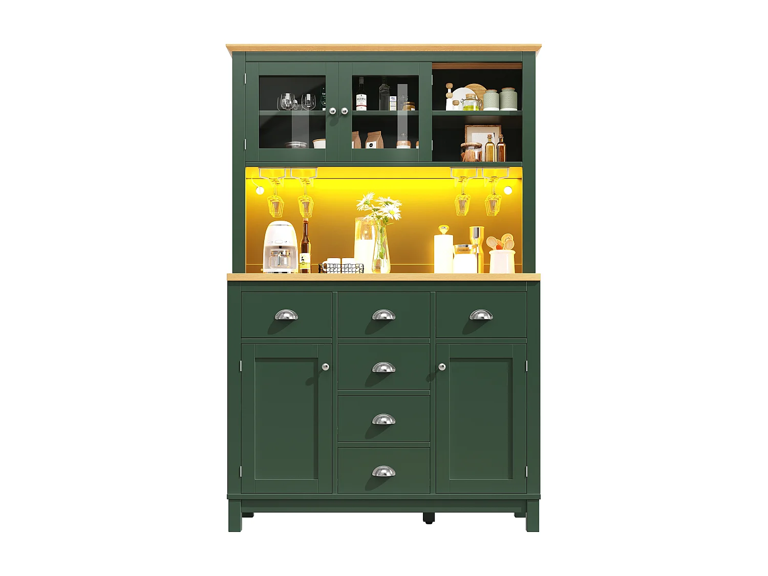 Credenza da cucina 104x180cm con LED, supporto per bevande, 4 ante e vano portaoggetti interno - verde