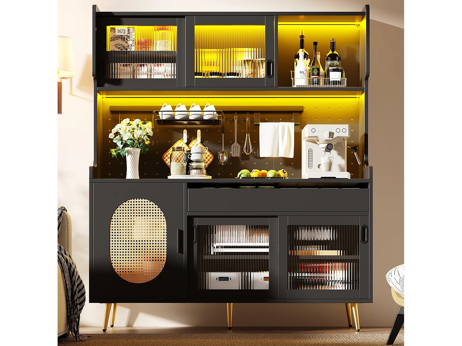 Keukenkast 145x171cm met LED, geribbeld glas, geperforeerd paneel, 5 deuren en XXL-opbergruimte - zwart