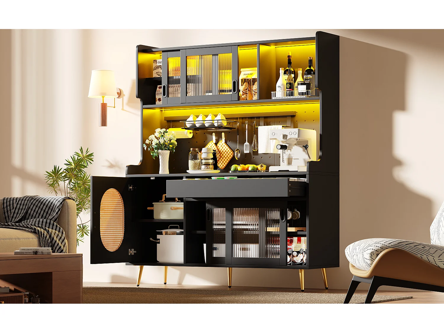 Keukenkast 145x171cm met LED, geribbeld glas, geperforeerd paneel, 5 deuren en XXL-opbergruimte - zwart
