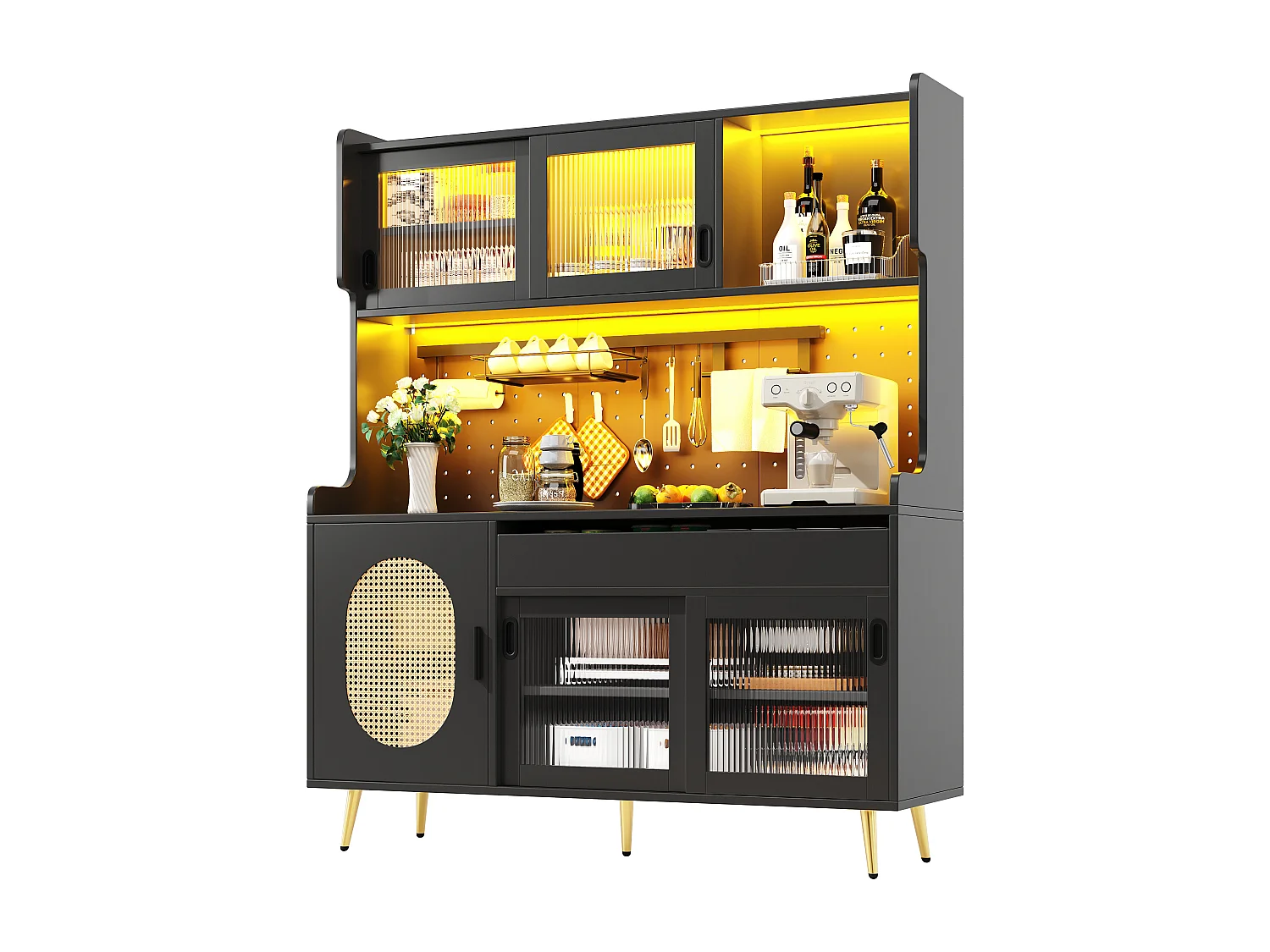 Keukenkast 145x171cm met LED, geribbeld glas, geperforeerd paneel, 5 deuren en XXL-opbergruimte - zwart