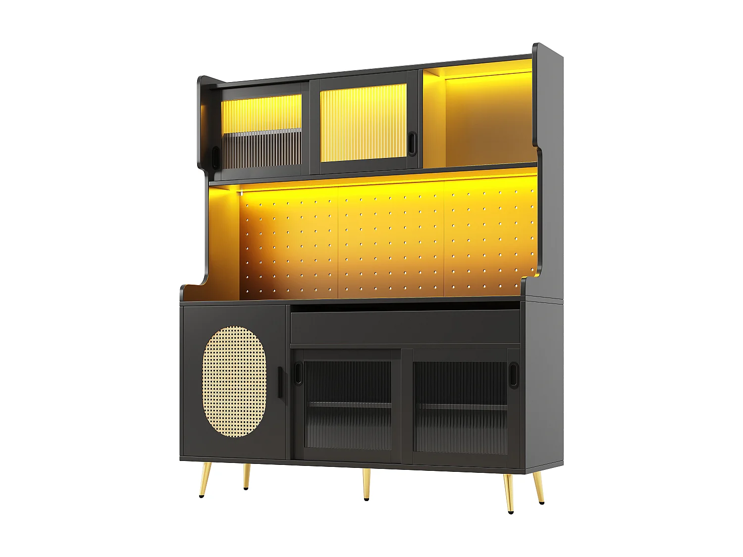 Keukenkast 145x171cm met LED, geribbeld glas, geperforeerd paneel, 5 deuren en XXL-opbergruimte - zwart