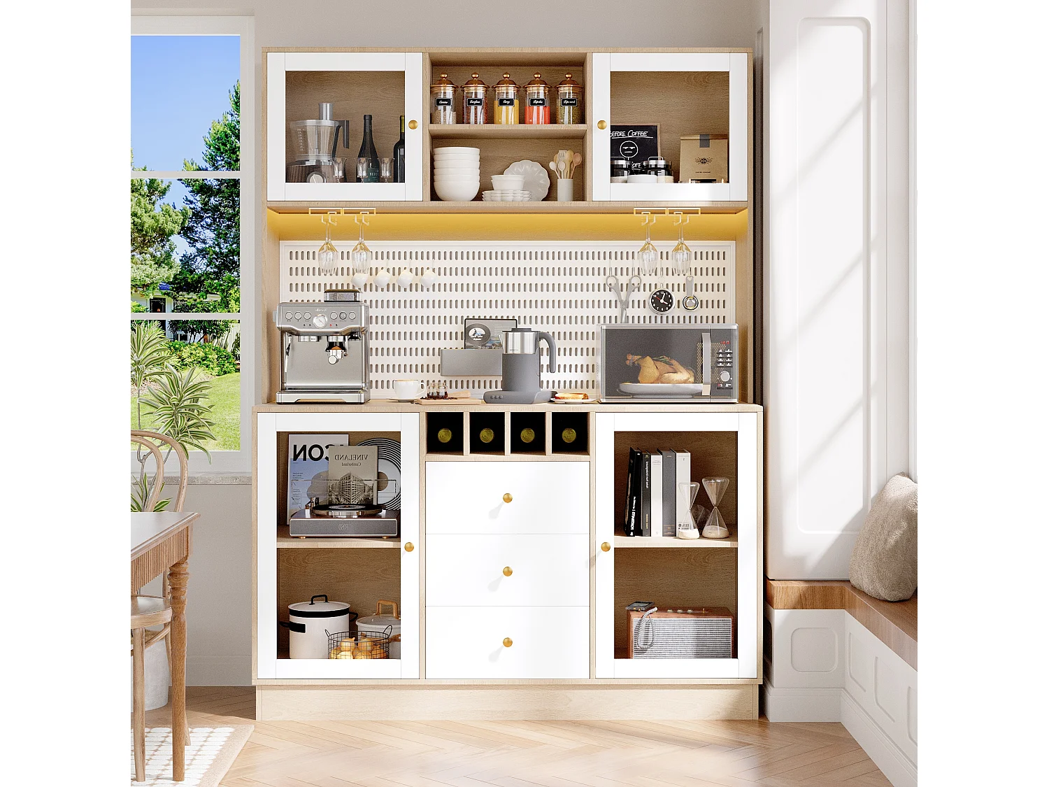 Keukenkast met LED - luxe hoge kast met wijnrek, glashouder en verstelbare planken - wit