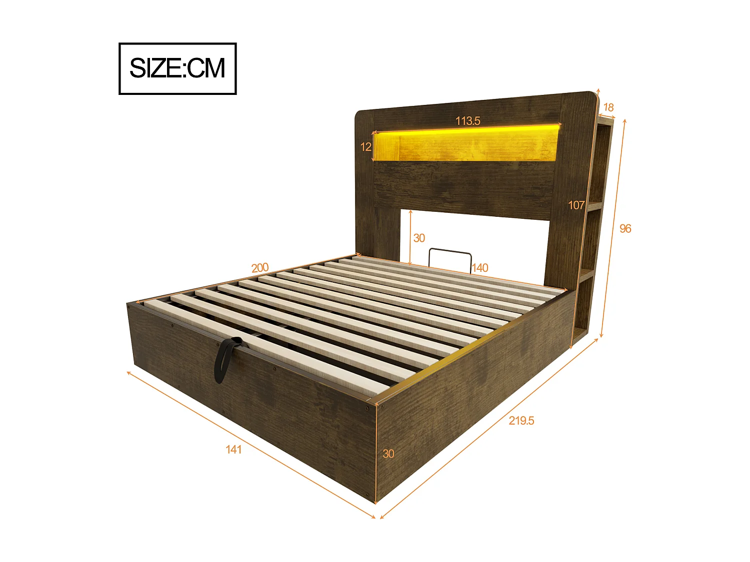 Lit coffre en bois 140x200cm - avec tête de lit LED - avec prise intégrée - avec compartiments de rangement - naturel (matelas non inclus)