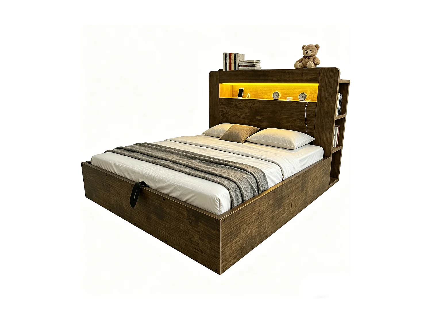 Lit coffre en bois 140x200cm - avec tête de lit LED - avec prise intégrée - avec compartiments de rangement - naturel (matelas non inclus)