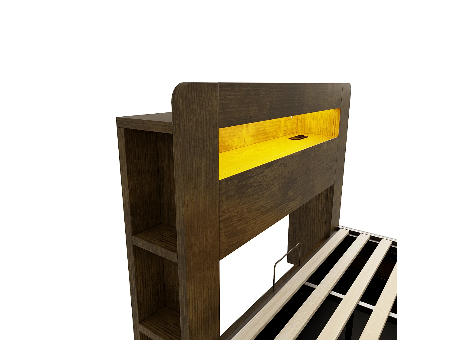 Lit coffre en bois 140x200cm - avec tête de lit LED - avec prise intégrée - avec compartiments de rangement - naturel (matelas non inclus)