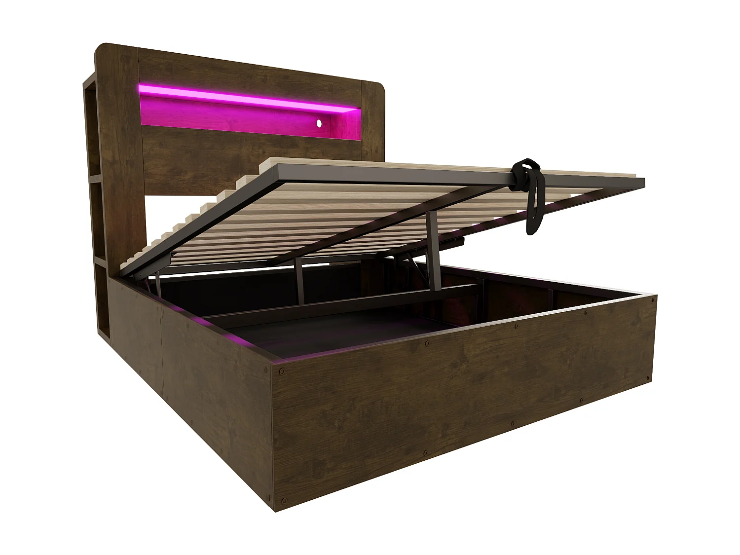 Lit coffre en bois 140x200cm - avec tête de lit LED - avec prise intégrée - avec compartiments de rangement - naturel (matelas non inclus)
