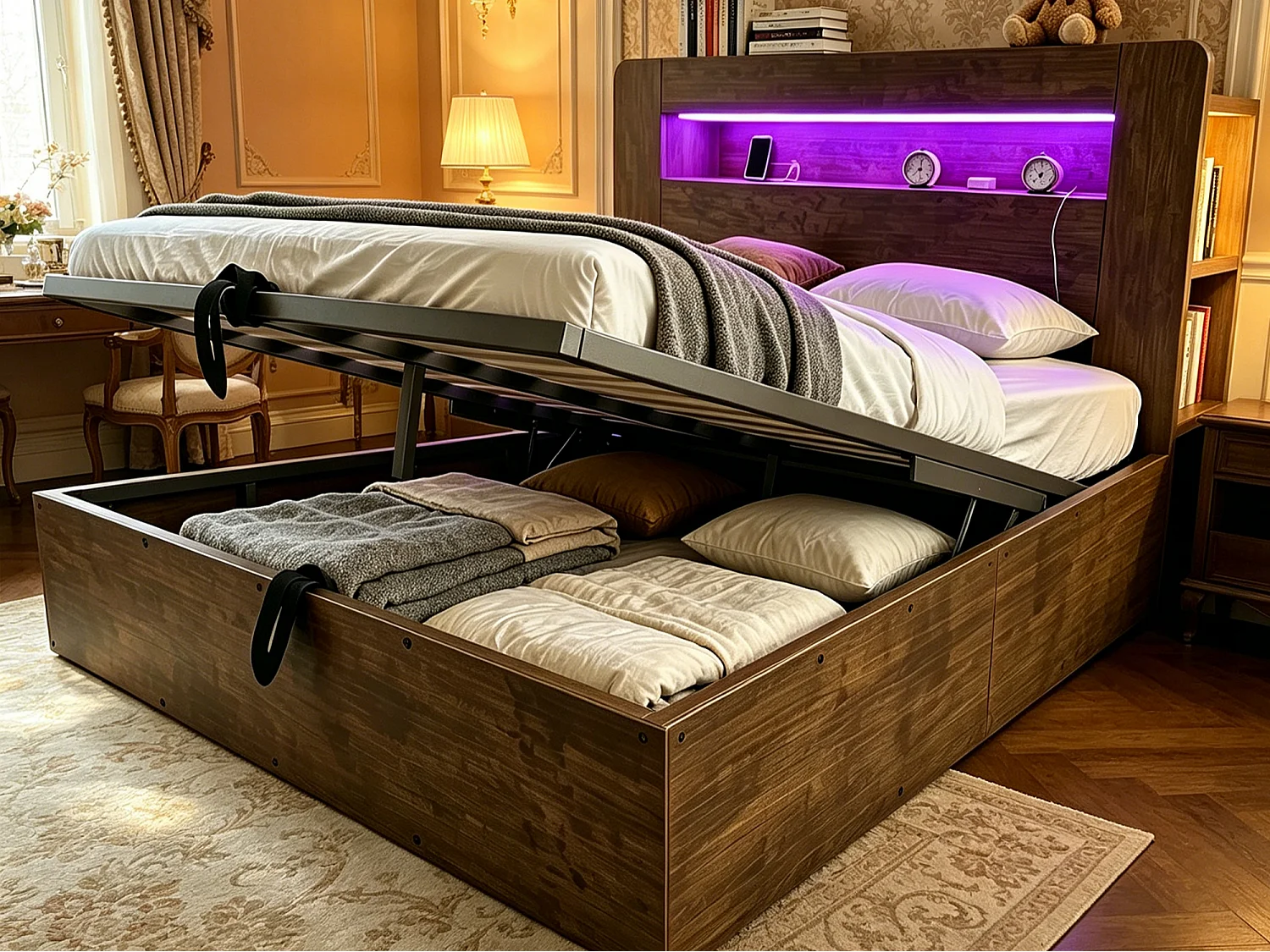 Lit coffre en bois 140x200cm - avec tête de lit LED - avec prise intégrée - avec compartiments de rangement - naturel (matelas non inclus)