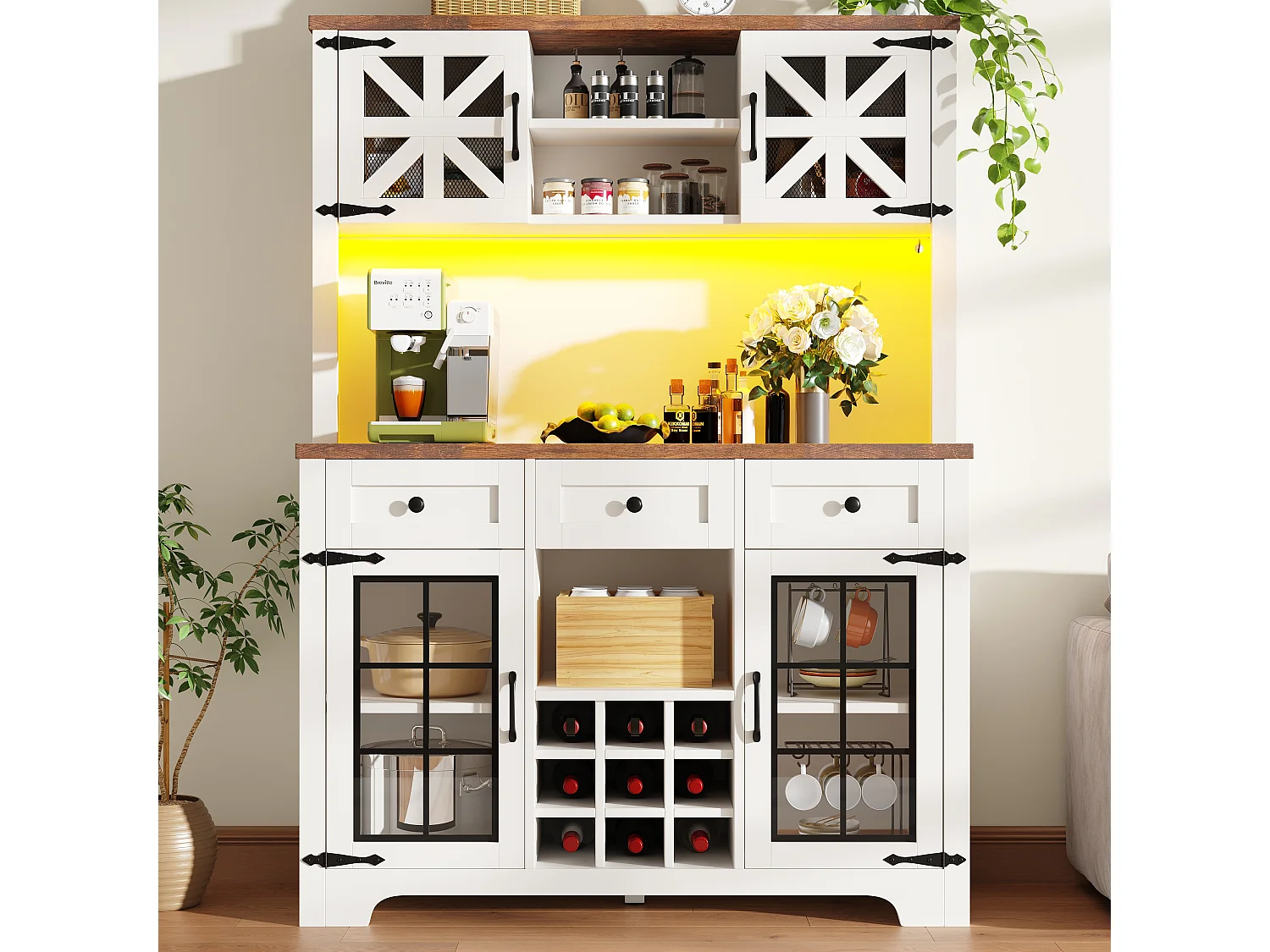 Moderne keukenkast met ademende mesh-deuren & LED - hoge kast met wijnrek en verstelbare planken - wit