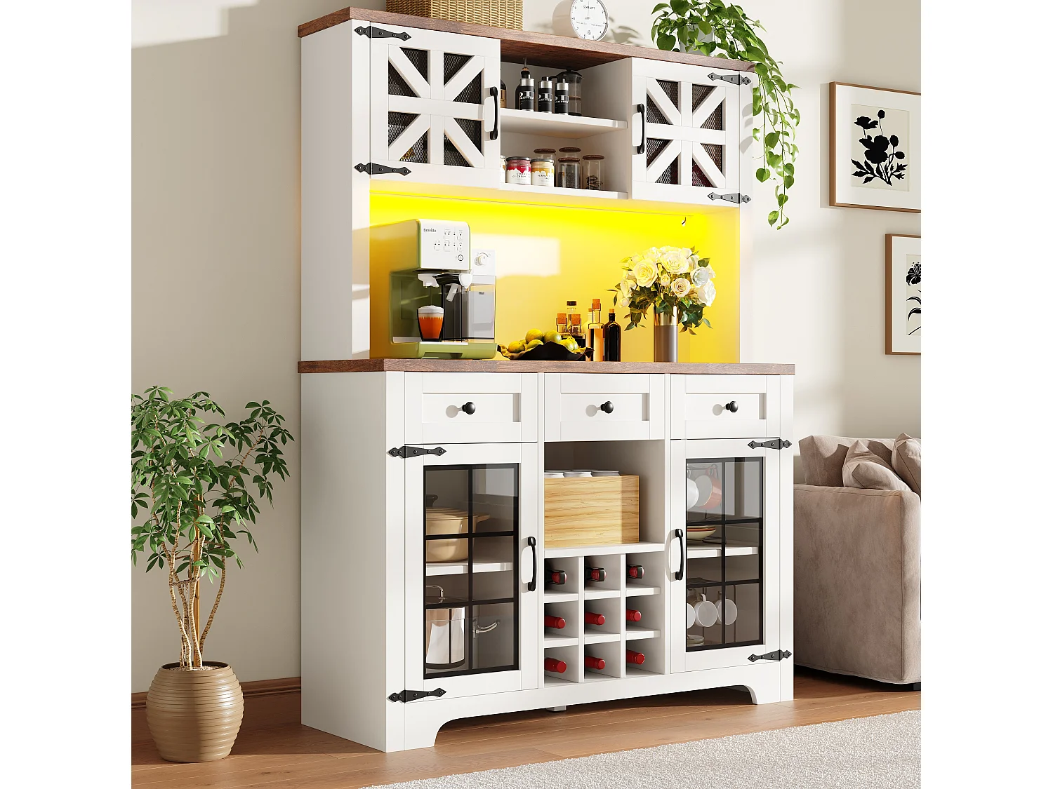 Moderne keukenkast met ademende mesh-deuren & LED - hoge kast met wijnrek en verstelbare planken - wit
