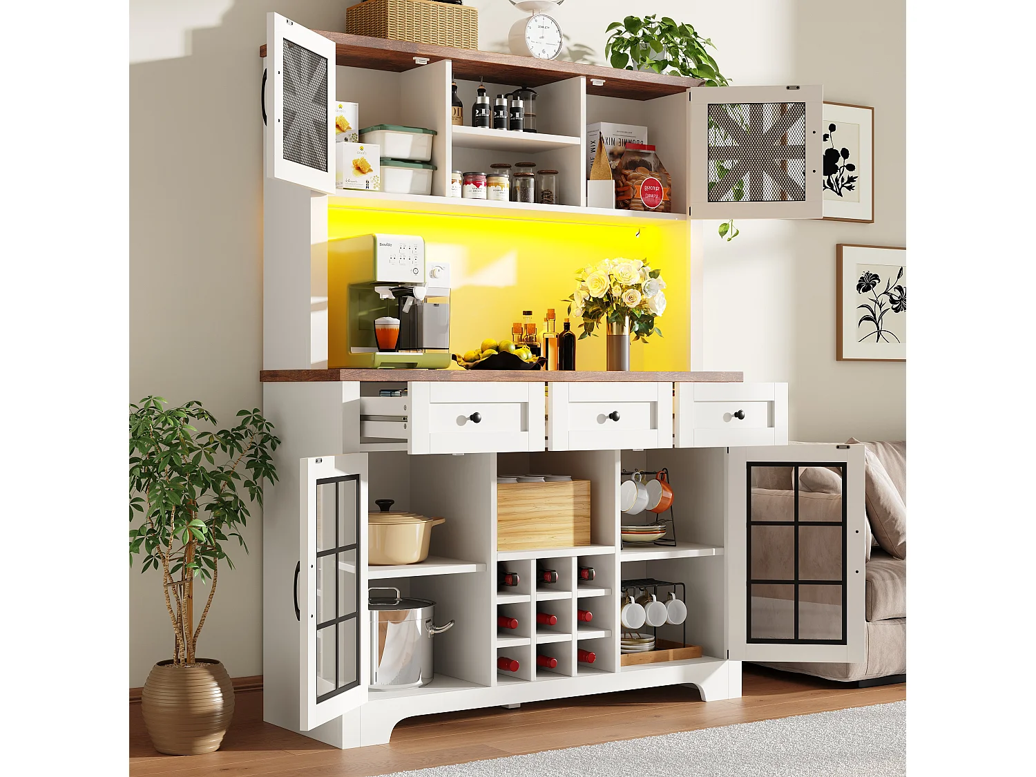 Moderne keukenkast met ademende mesh-deuren & LED - hoge kast met wijnrek en verstelbare planken - wit