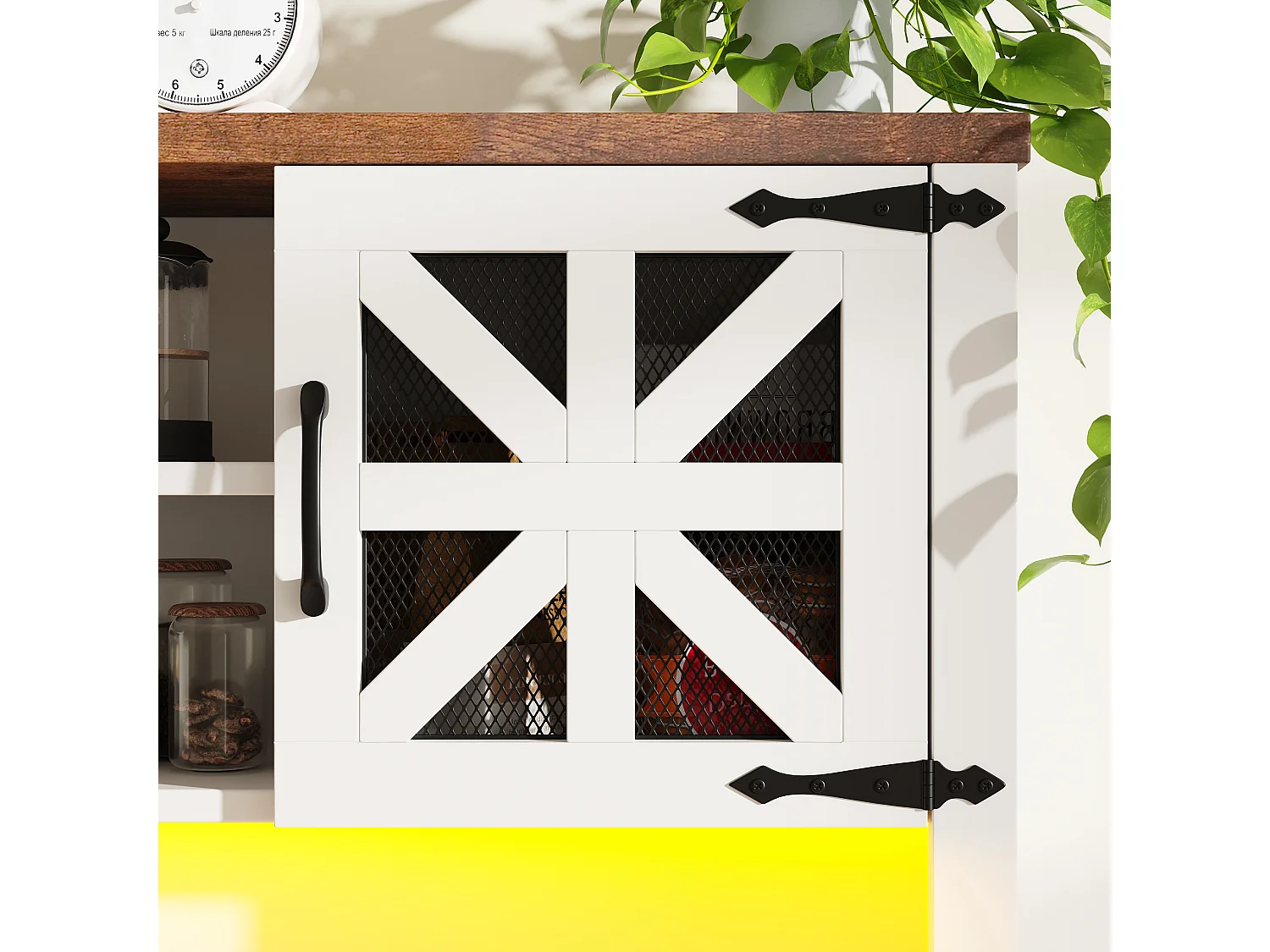 Moderne keukenkast met ademende mesh-deuren & LED - hoge kast met wijnrek en verstelbare planken - wit
