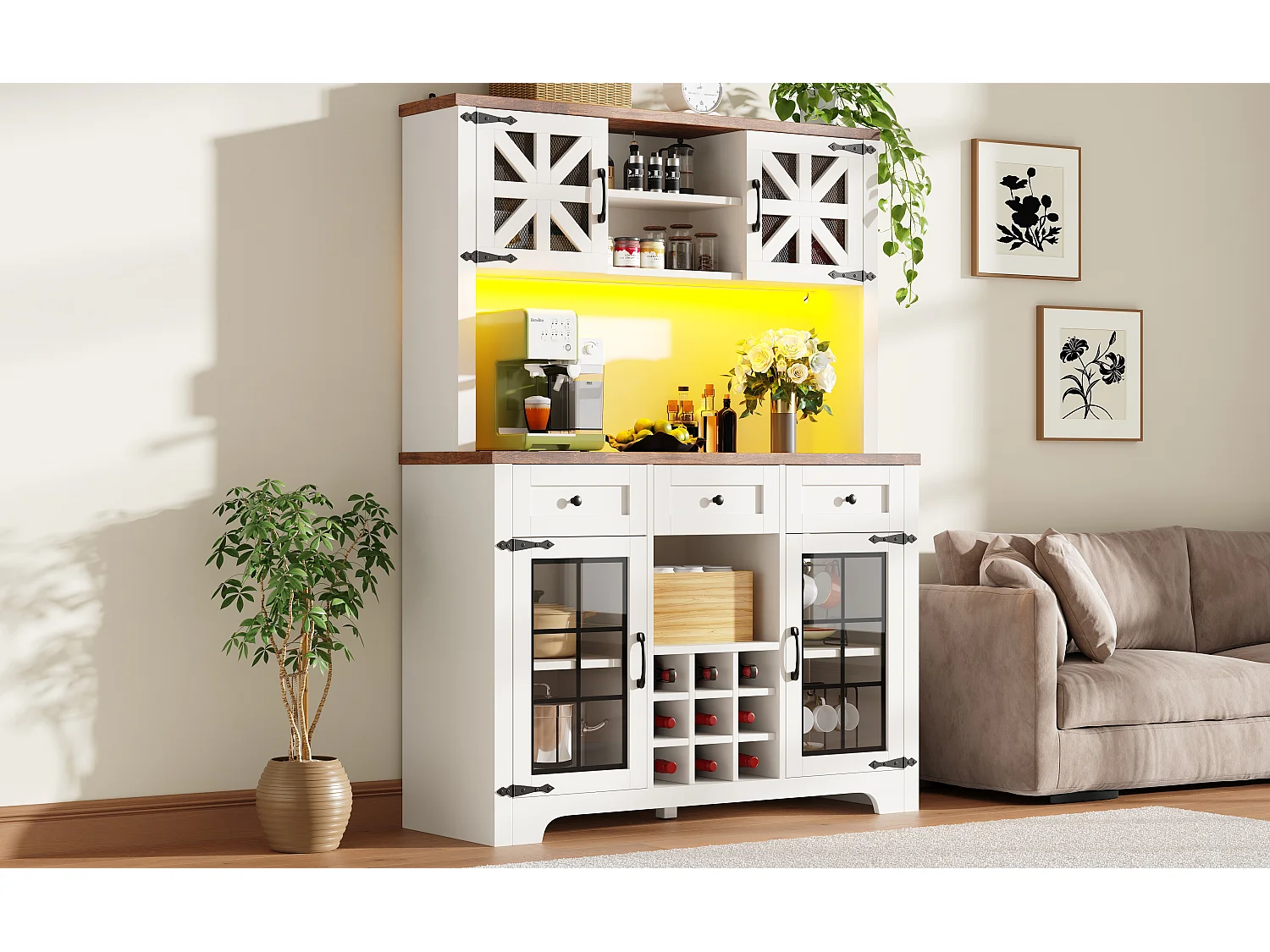 Moderne keukenkast met ademende mesh-deuren & LED - hoge kast met wijnrek en verstelbare planken - wit