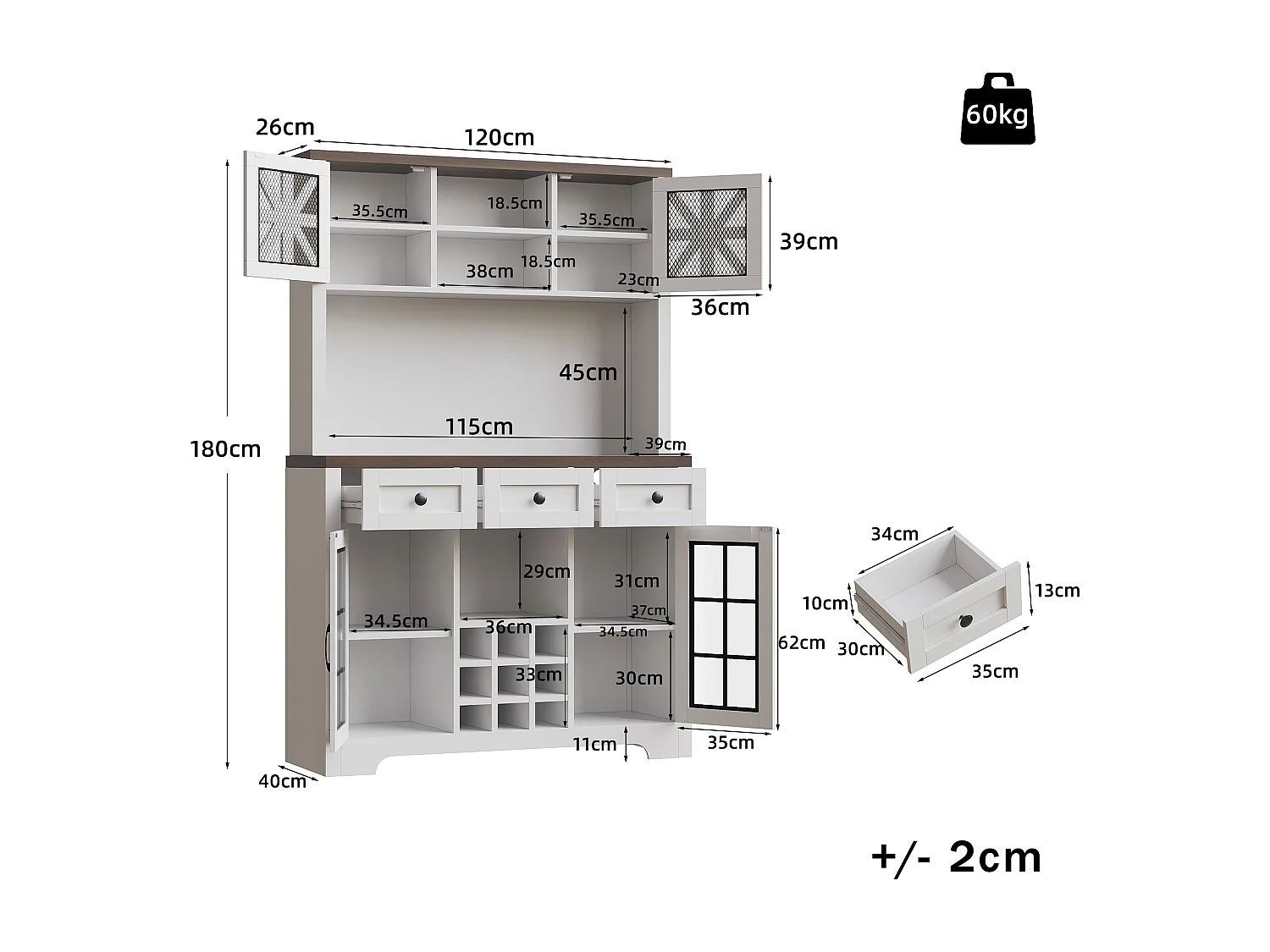 Moderne keukenkast met ademende mesh-deuren & LED - hoge kast met wijnrek en verstelbare planken - wit